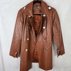 IMAN Genuine Leather Quilted Platinum Trench Coat M Cognac Brown w/ Belt NWOT